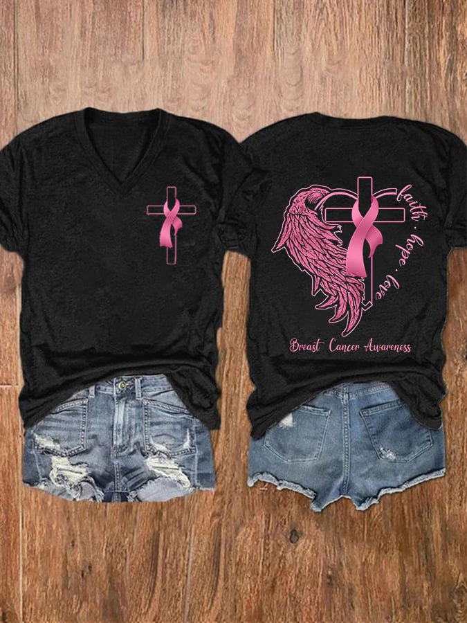 Women's Fight Hope Love Breast Cancer Awareness Print Casual T-Shirt