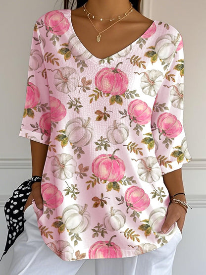 Women's Casual Pink Patchwork Print Pumpkin Bubble Wrinkle Top