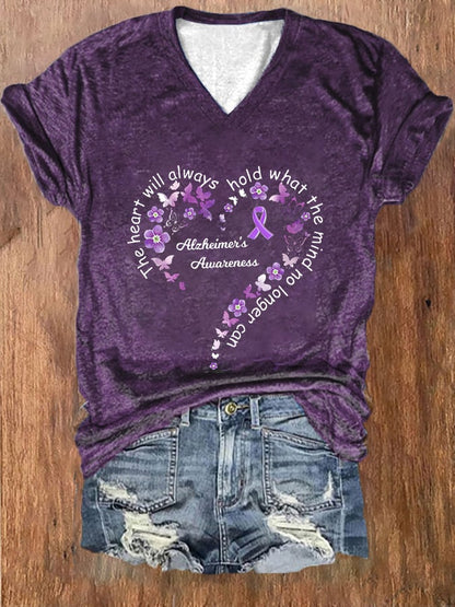 Women The Heart Will Always Hold What the Mind Can No Longer Printed V-Neck T-Shirt