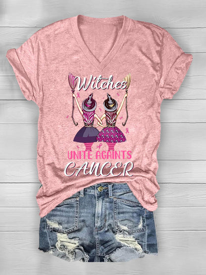 Women's Witches Unite Against Cancer Breast Cancer Awareness V-Neck Tee
