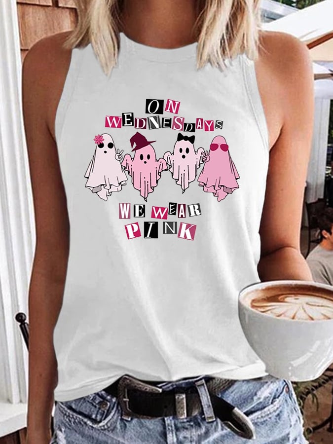 Women's Halloween Breast Cancer On Wednesday We Wear Pink Cute Ghost Halloween Print Tank Top