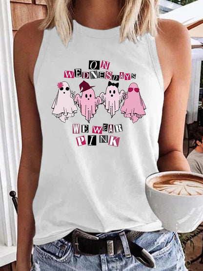 Women's Halloween Breast Cancer On Wednesday We Wear Pink Cute Ghost Halloween Print Tank Top