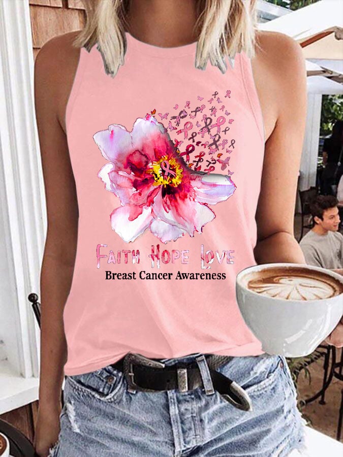Women's Faith Hope Love Breast Cancer Ribbon Flower Daisy Print Tank Top
