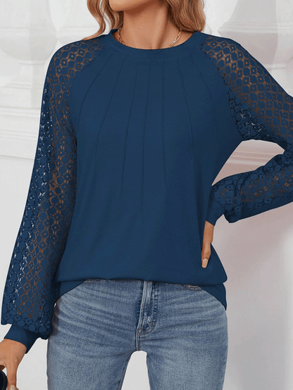 Women's Solid Color Lace Spliced Round Neck Long Sleeve Top