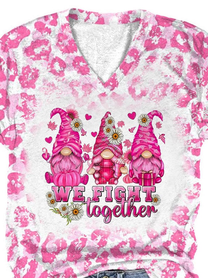 Breast Cancer Awareness V-Neck Leopard Gnomes We Fight Together Print T-Shirt