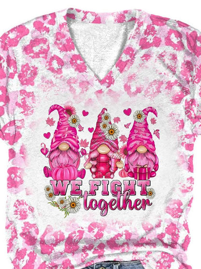 Breast Cancer Awareness V-Neck Leopard Gnomes We Fight Together Print T-Shirt