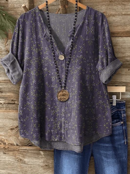 Women's Vintage Botanical Floral Art Print Button-Up Shirt