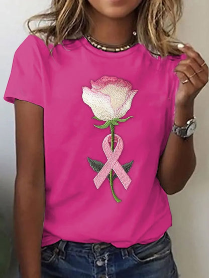 Women's Pink Embroidered Floral Print Crew Neck T-Shirt