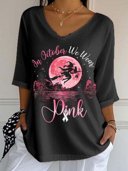 Women's In October We Wear Pink Breast Cancer Awareness Halloween Witch Print Casual T-Shirt