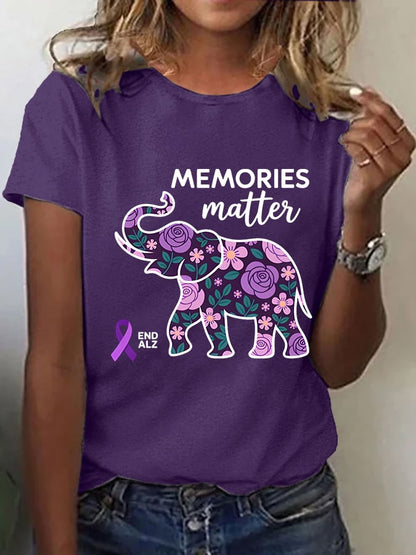 Women's Alzheimer's Disease Floral Elephant Print Short Sleeve T-Shirt