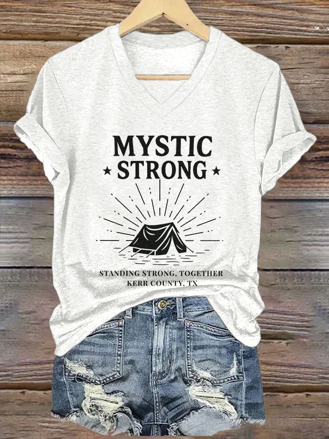 🙏💔Join us in praying for Texas.🙏V-Neck Retro Texas Strong Mystic Strong Standing Strong, Together Kerr County, TX Print T-Shirt