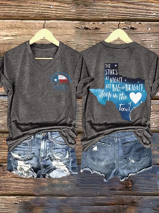 🙏💔Join us in praying for Texas.🙏V-Neck Retro Texas Strong The Stars At Night Are Big And Bright Deep In The Heart Of Texas Print T-Shirt