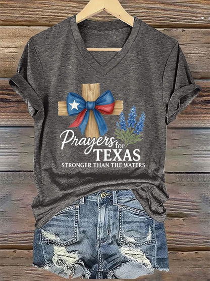 🙏💔Join us in praying for Texas.🙏V-Neck Retro Texas Strong Prayers For Texas Stronger Than The Waters Print T-Shirt
