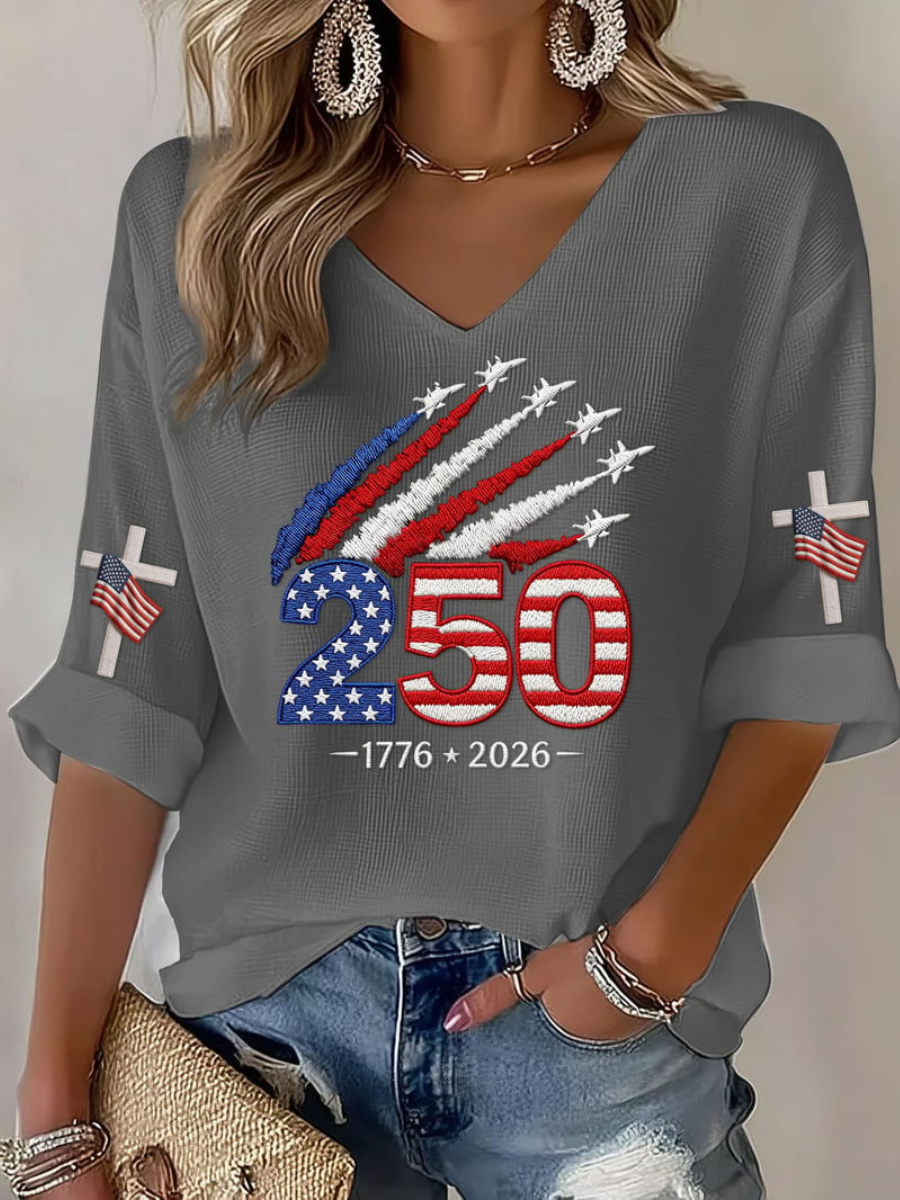 Women's 1776-2026 Anniversary Celebration Printed Half Sleeve V-Neck T-Shirt