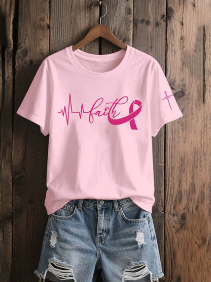 Women's Breast Cancer Awareness Faith Print Casual T-Shirt