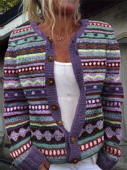 Women'S Icelandic Crochet Striped Cozy Knit Cardigan
