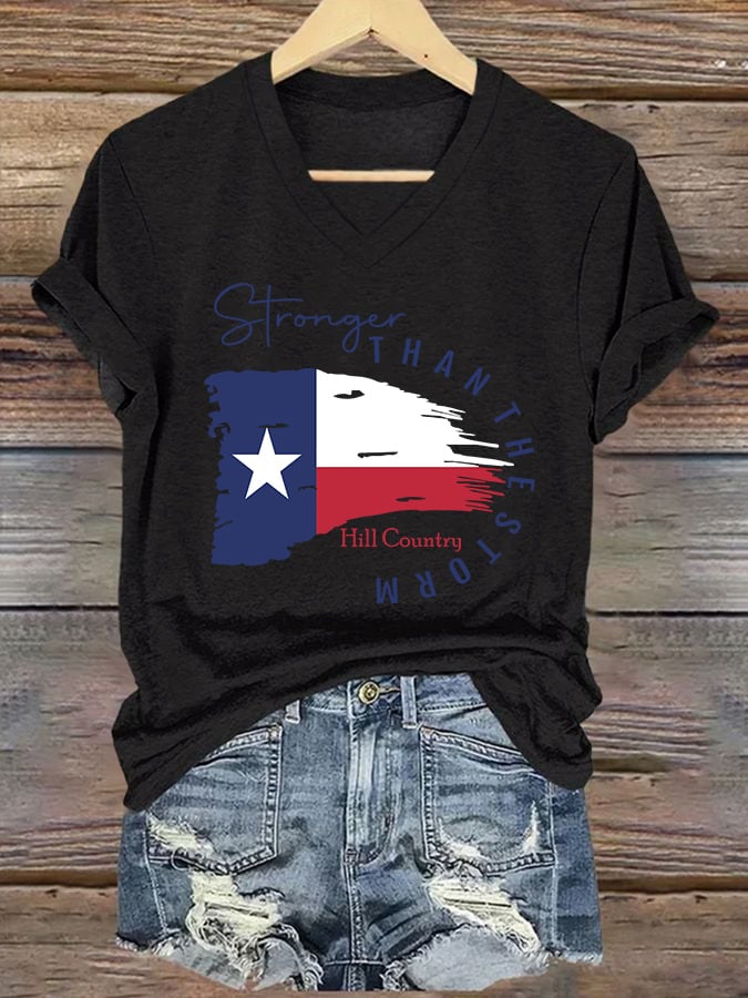 🙏💔Join us in praying for Texas.🙏V-Neck Retro Texas Strong Hill Country Stronger Than The Storm Print T-Shirt