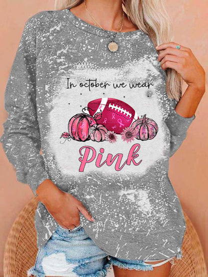 Women's In October We Wear Pink Football Pumpkin Breast Cancer Casual Sweatshirt