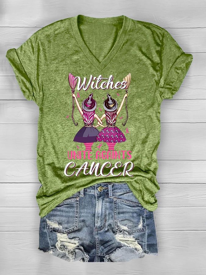 Women's Witches Unite Against Cancer Breast Cancer Awareness V-Neck Tee