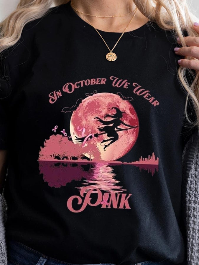 Halloween Witch In October We Wear Pink Print T-Shirt