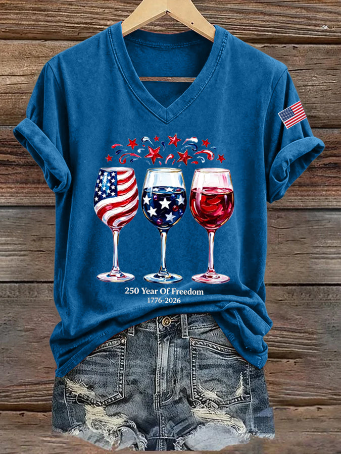 Women'S America Flag Floral Print Casual V-Neck T-Shirt