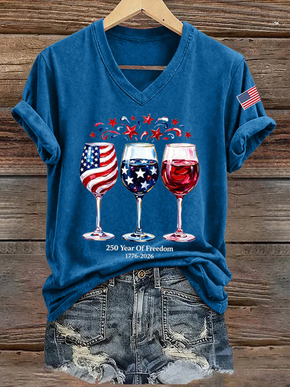 Women'S America Flag Floral Print Casual V-Neck T-Shirt