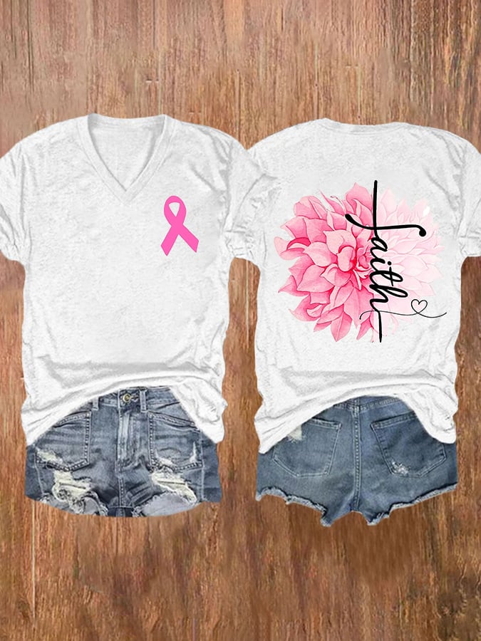 Women'S Faith In Breast Cancer V Neck T-Shirt
