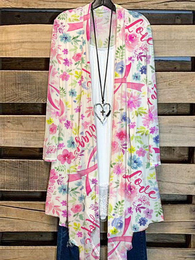 Women's Breast Cancer Awareness Pink Floral Print Casual Cardigan