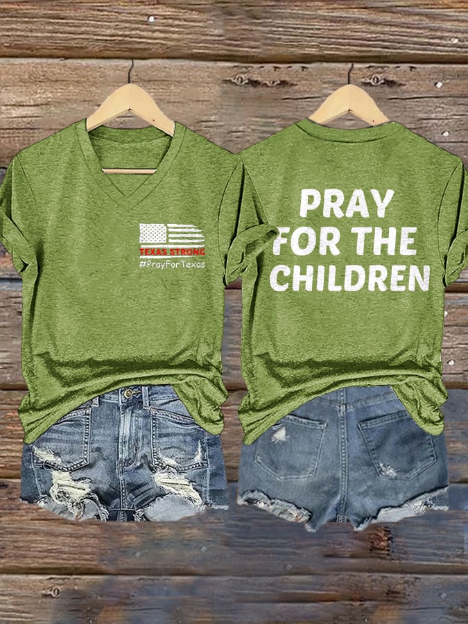 🙏💔Join us in praying for Texas.🙏V-Neck Retro Texas Strong Pray For Texas Pray For The Children Print T-Shirt
