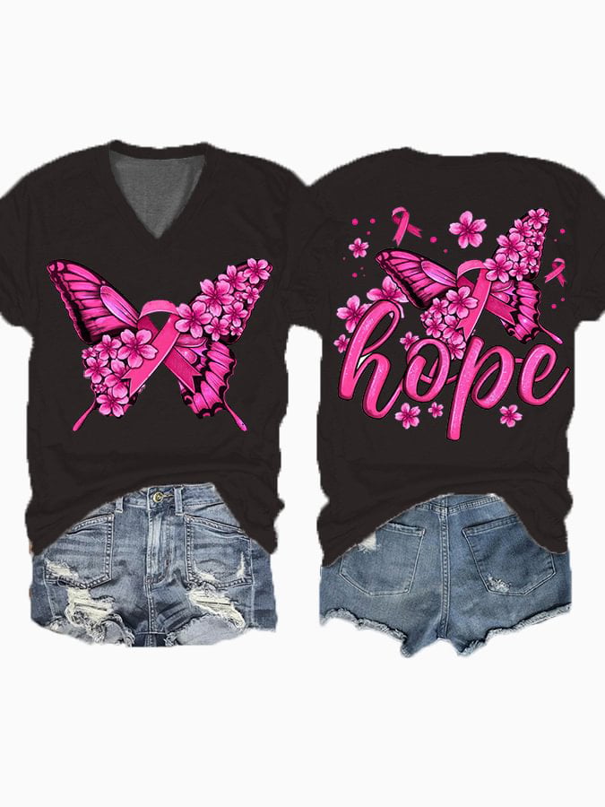Breast Cancer Awareness Print V-Neck Casual T-Shirt