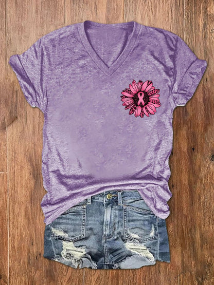 Women's Sunflower Pink Ribbon Flag Breast Cancer Awareness Print V-Neck T-Shirt