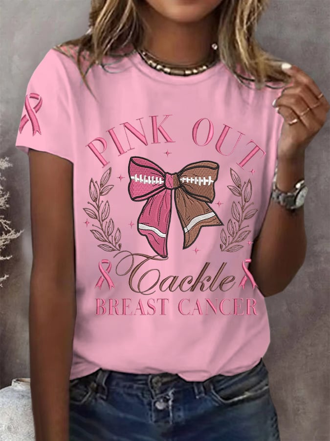 Women's Pink Out Breast Cancer Awareness Printed Short Sleeve T-Shirt
