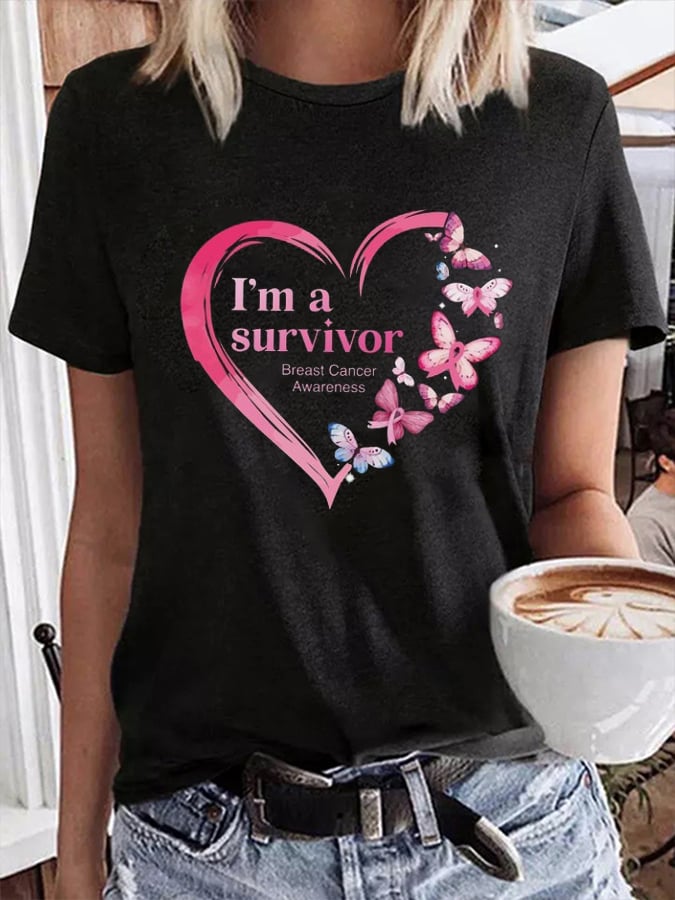 Women's Cancer Warrior I Am A Survivor Breast Cancer Awareness Print T-Shirt