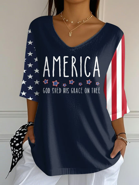 Ladies' Casual 250Th Anniversary Celebration Of The Founding Of The United States, Personalized Printed V-Neck Half Sleeved Top
