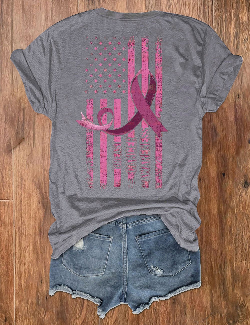 Women's Sunflower Pink Ribbon Flag Breast Cancer Awareness Print V-Neck T-Shirt