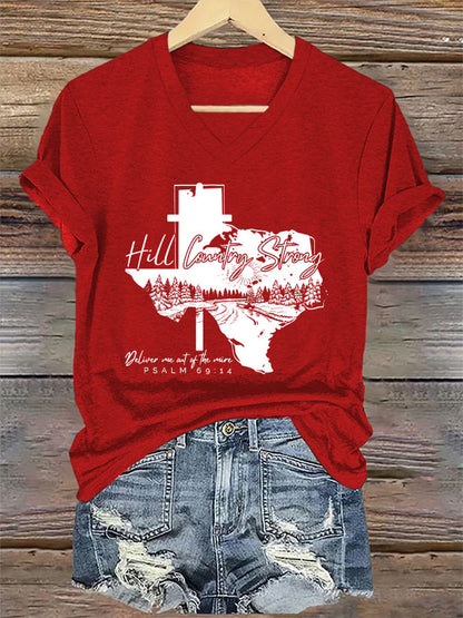 🙏💔Join us in praying for Texas.🙏V-Neck Retro Texas Strong Hill Country Strong Deliver Me Out Of The Mire Psalm 69:14 Print T-Shirt
