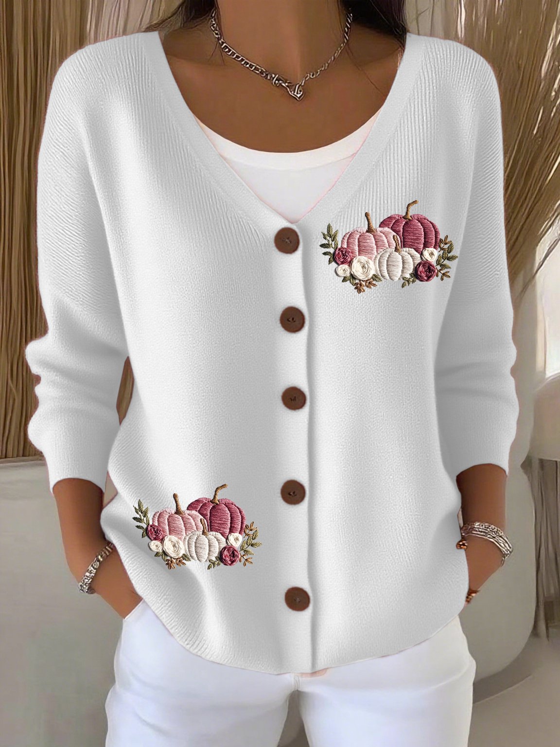 Women's Casual Autumn And Winter Pink Pumpkin Cardigan