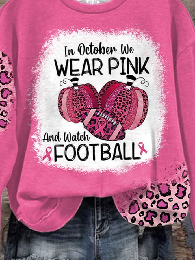 Retro Breast Cancer Awareness In October We Wear Pink And Watch Football Leopard Print Sweatshirt