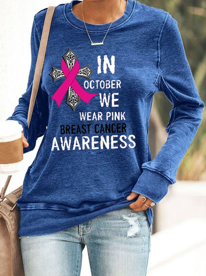 Women's In October We Wear Pink Breast Cancer Awareness Print Casual Crew Neck Sweatshirt