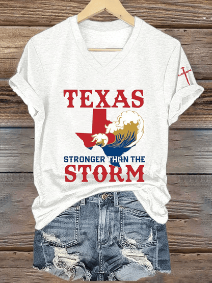 🙏💔Join us in praying for Texas.🙏Women's Texas Strong Than The Storm Print V-Neck T-Shirt
