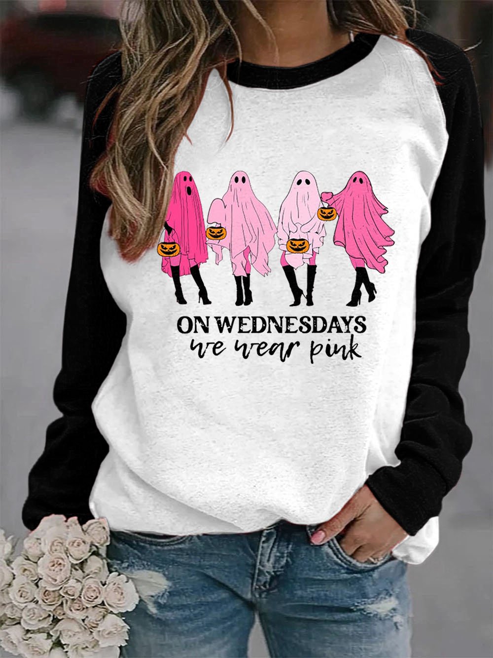 Women's Breast Cancer Awareness We Wear Pink Cute Boo Print Sweatshirt
