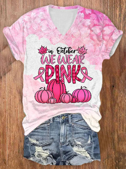Women's Casual In October We Wear Pink Printed Short Sleeve T-Shirt