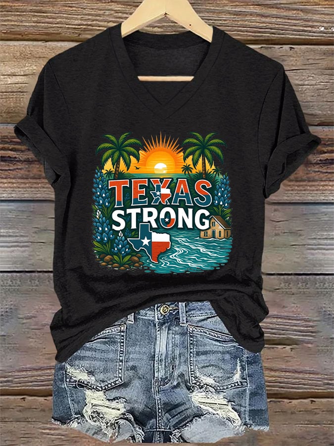 🙏💔Join us in praying for Texas.🙏V-Neck Retro Texas Strong Palm Trees Print T-Shirt