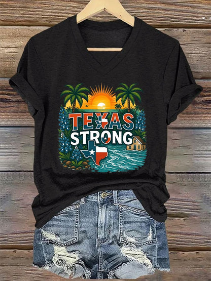 🙏💔Join us in praying for Texas.🙏V-Neck Retro Texas Strong Palm Trees Print T-Shirt
