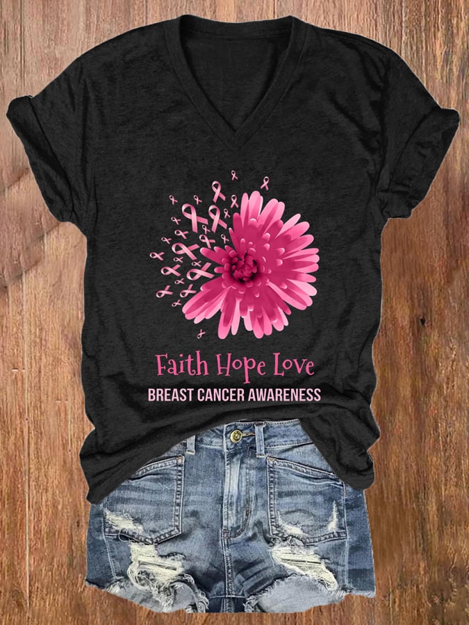 Women's Flower Faith Hope Love Breast Cancer Awareness Print Casual T-Shirt