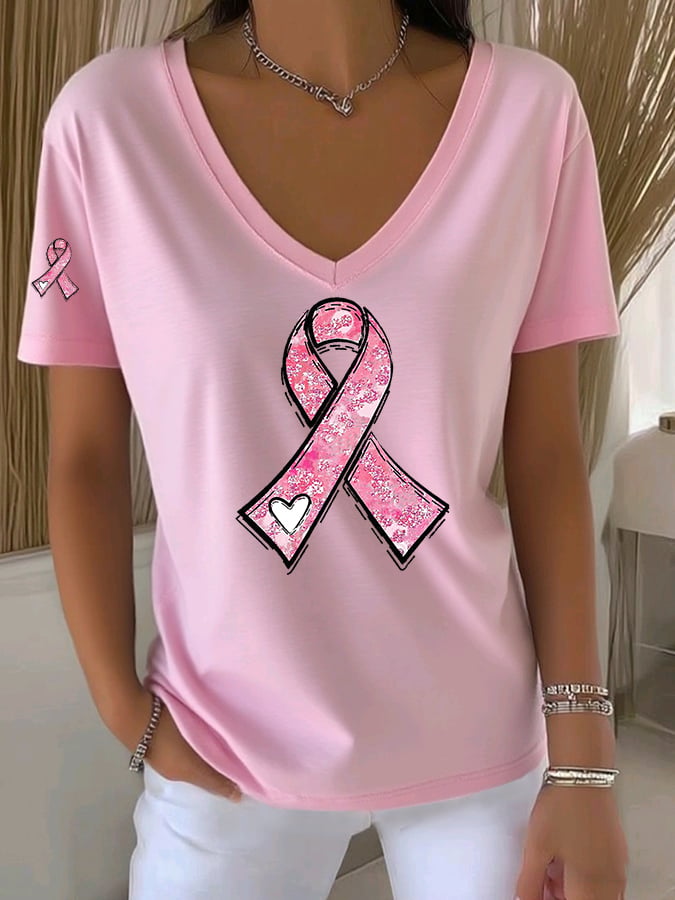 Women's Casual All-Match Solid Color Pink Ribbon V-Neck T-Shirt
