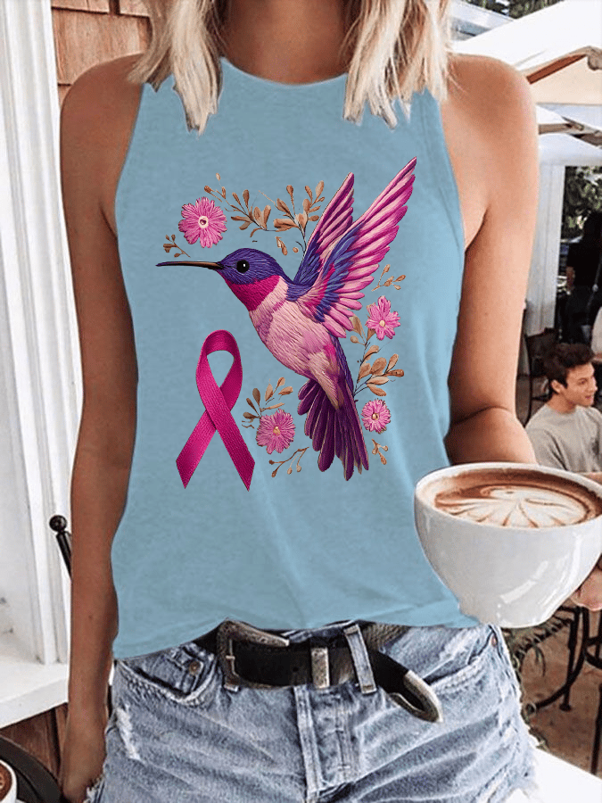 Womens Breast Cancer Awareness Hummingbird Heat Pressed Casual Tank Top