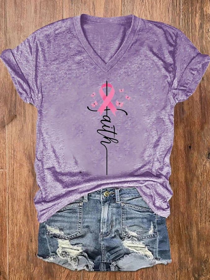 Women's Faith Hope Fight Love Butterfly Breast Cancer Awareness T-Shirt