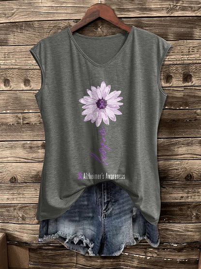 V-Neck Retro Alzheimer's Awareness Flower Hope Print Vest