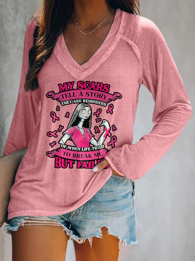 V-Neck Breast Cancer Awareness My Scars Tell A Story They Are Reminders Of When Life Tries To Break Me But Failed Long Sleeve T-Shirt